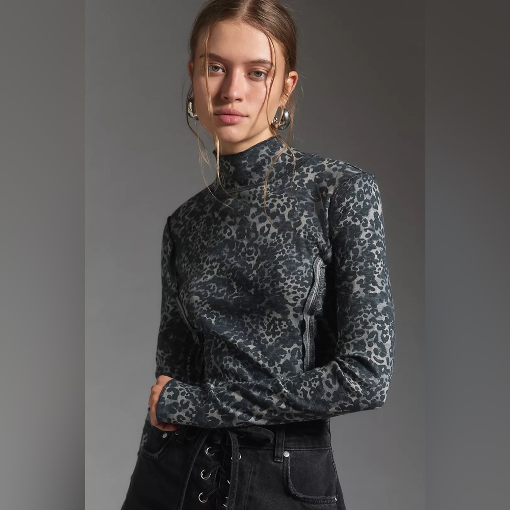 Anthropologie Pilcro Gray Black Leopard Mock Turtleneck Cotton Slub Top XS